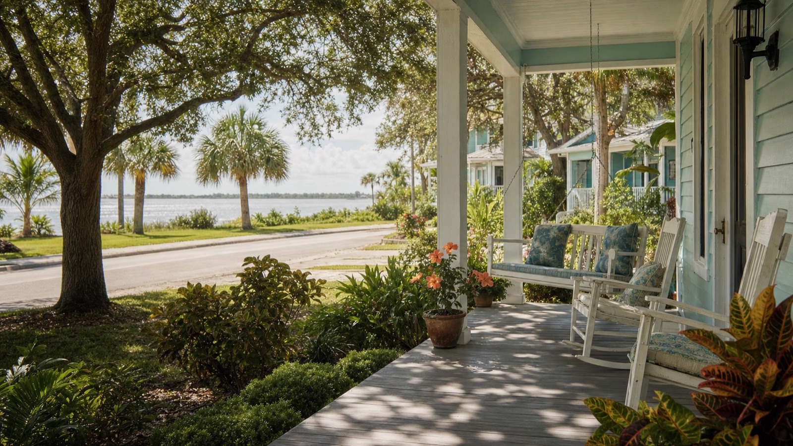 A welcoming Florida porch with palms, warm light, and a quiet neighborhood view.