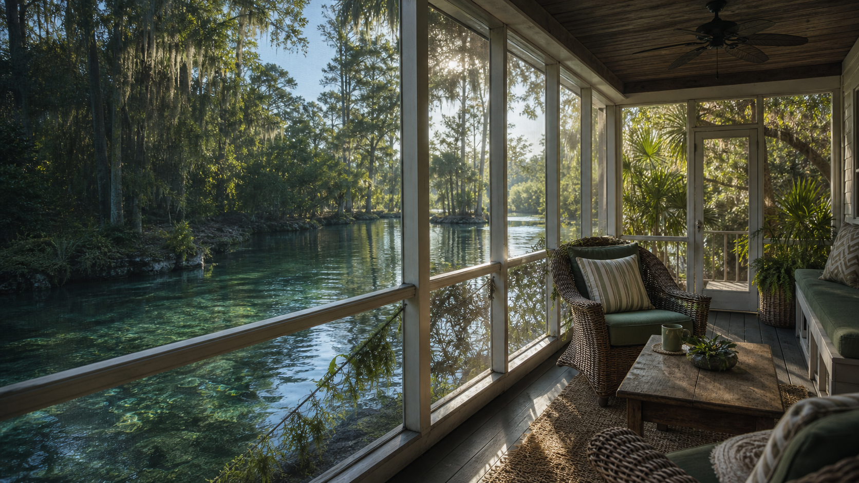 A welcoming Florida porch looking out toward bright water, palms, and spring-fed greenery.